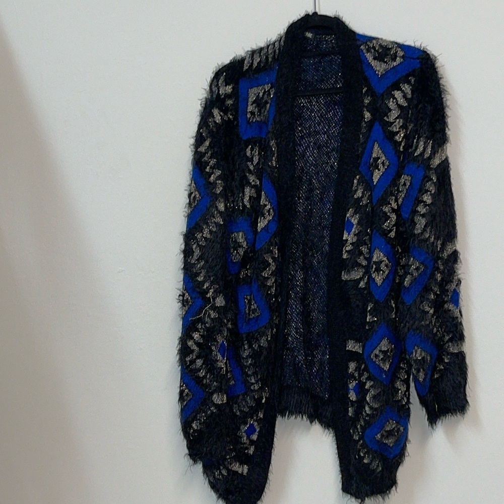 City Chic M (18) long length eyelash cardigan, metallic black & blue, boho soft